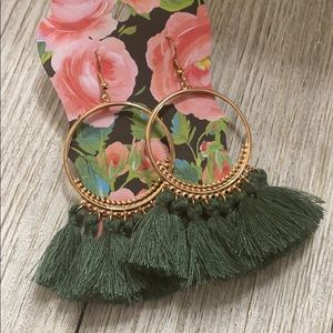 Hunter green hoop tassel earrings